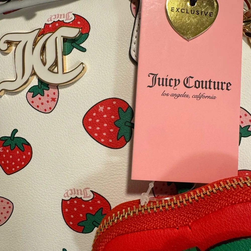Juicy Couture White Strawberry Print Satchel with Red Strawberry Charm